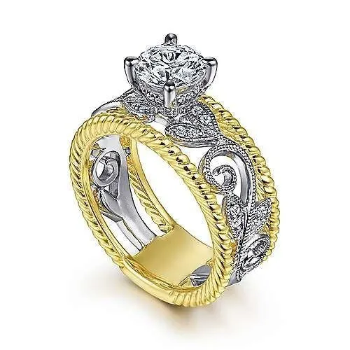 Shineofidamond Twotone Vintage Engraved Round Cut Engagement Ring Rings Shineofidamond Twotone Vintage Engraved Round Cut Engagement Ring Rings