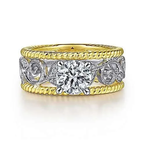 Shineofidamond Twotone Vintage Engraved Round Cut Engagement Ring Rings Shineofidamond Twotone Vintage Engraved Round Cut Engagement Ring Rings