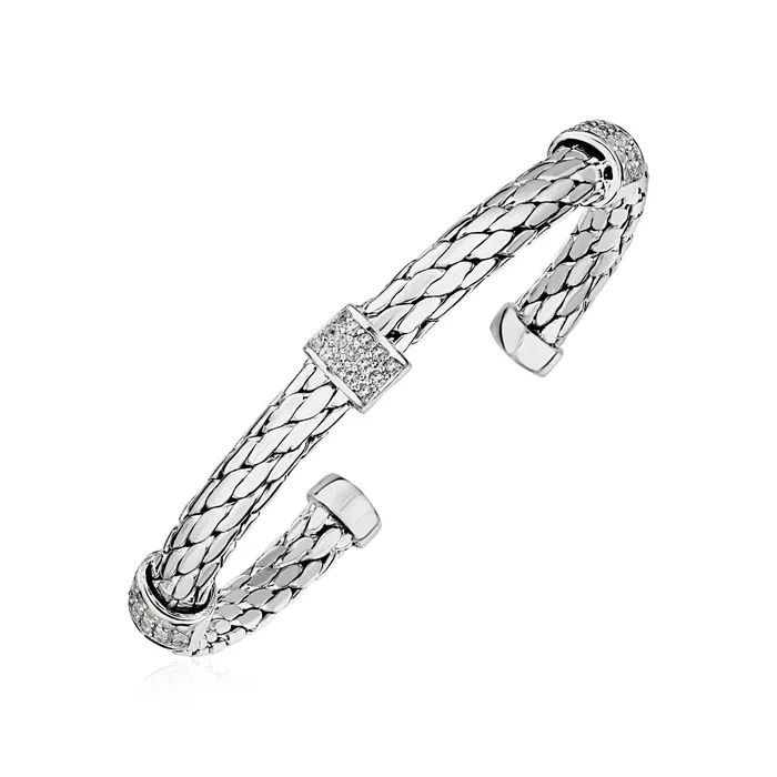 Woven Rope Cuff Bangle with White Sapphire Accents in Sterling Silver MayaMila Bracelets Woven Rope Cuff Bangle with White Sapphire Accents in Sterling Silver MayaMila Bracelets