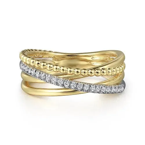 14K White and Yellow Gold Diamond Criss Cross Bujukan Ladies Ring GABRIEL CO Rings 14K White and Yellow Gold Diamond Criss Cross Bujukan Ladies Ring GABRIEL CO Rings