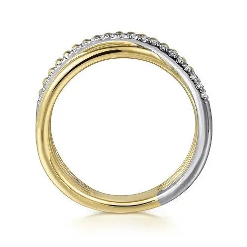 14K White and Yellow Gold Diamond Criss Cross Bujukan Ladies Ring GABRIEL CO Rings 14K White and Yellow Gold Diamond Criss Cross Bujukan Ladies Ring GABRIEL CO Rings