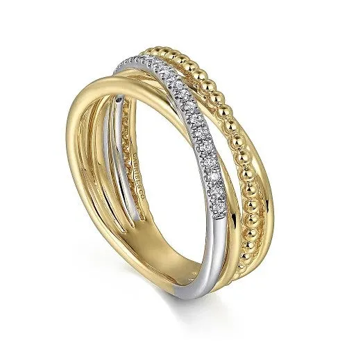 14K White and Yellow Gold Diamond Criss Cross Bujukan Ladies Ring GABRIEL CO Rings 14K White and Yellow Gold Diamond Criss Cross Bujukan Ladies Ring GABRIEL CO Rings