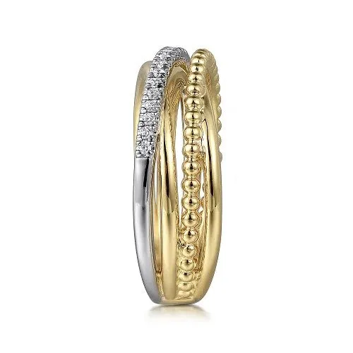 14K White and Yellow Gold Diamond Criss Cross Bujukan Ladies Ring GABRIEL CO Rings 14K White and Yellow Gold Diamond Criss Cross Bujukan Ladies Ring GABRIEL CO Rings