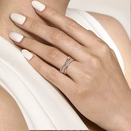 14K White and Yellow Gold Diamond Criss Cross Bujukan Ladies Ring GABRIEL CO Rings 14K White and Yellow Gold Diamond Criss Cross Bujukan Ladies Ring GABRIEL CO Rings