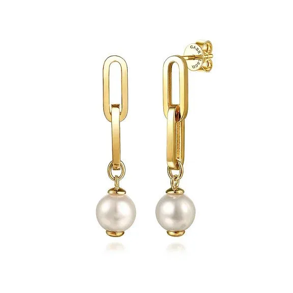 14K Yellow Gold Pearl Stud Drop Link Earrings GABRIEL CO Earrings