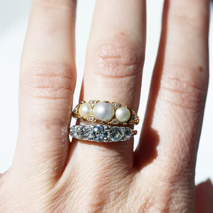 19th Century Pearl and Diamond Ring Bell Bird Antiques Rings