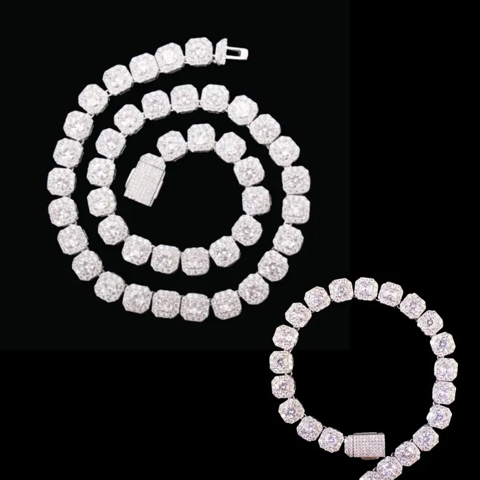 9MM Square Clustered Tennis Iced Out Diamond Necklace Bracelet Set Clustered Tennis Bracelets 9MM Square Clustered Tennis Iced Out Diamond Necklace Bracelet Set Clustered Tennis Bracelets