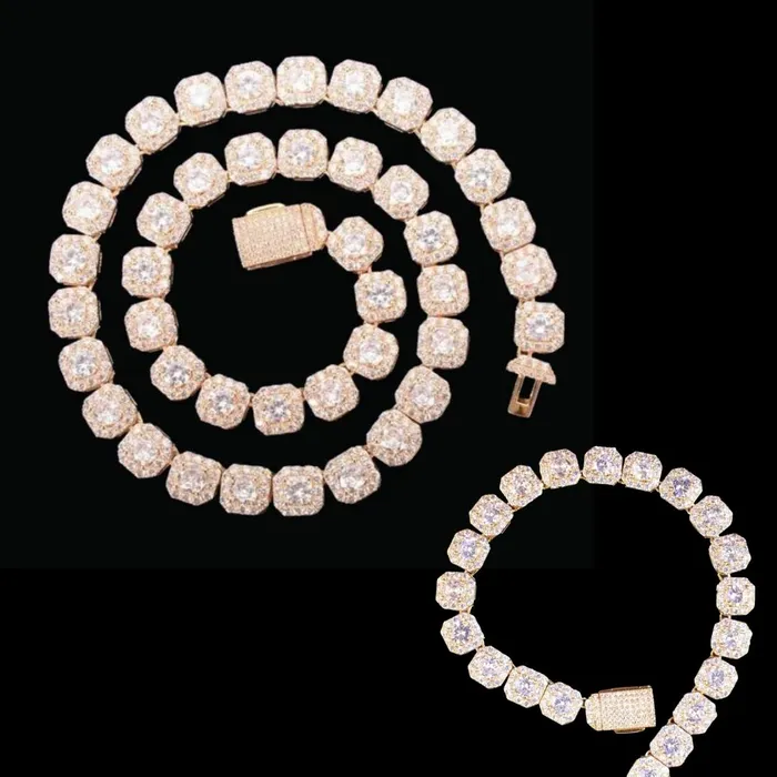 9MM Square Clustered Tennis Iced Out Diamond Necklace Bracelet Set Clustered Tennis Bracelets