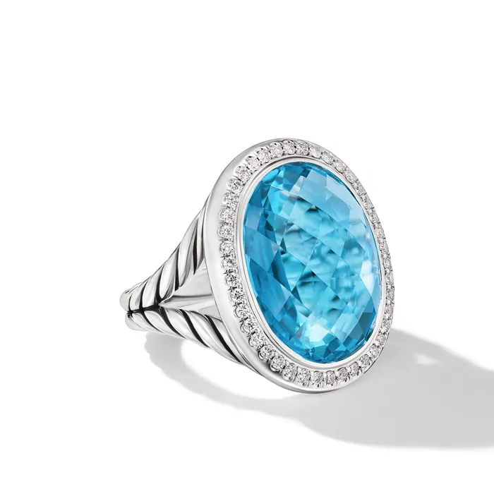 Albion Oval Ring in Sterling Silver with Blue Topaz and Diamonds 21mm David Yurman Rings