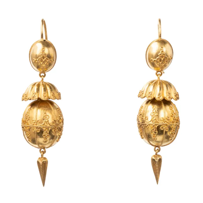 Bell Bird Antiques Earrings Fine Victorian Era Etruscan Revival Gold Drop Earrings