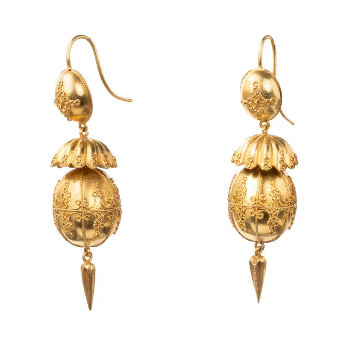 Bell Bird Antiques Earrings Fine Victorian Era Etruscan Revival Gold Drop Earrings