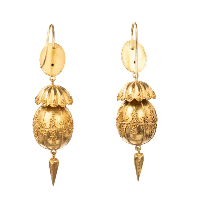 Bell Bird Antiques Earrings Fine Victorian Era Etruscan Revival Gold Drop Earrings