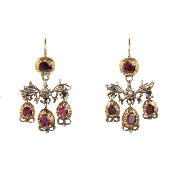 Bell Bird Antiques Earrings Georgian Era Ruby and Diamond Girandole Earrings Bell Bird Antiques Earrings Georgian Era Ruby and Diamond Girandole Earrings