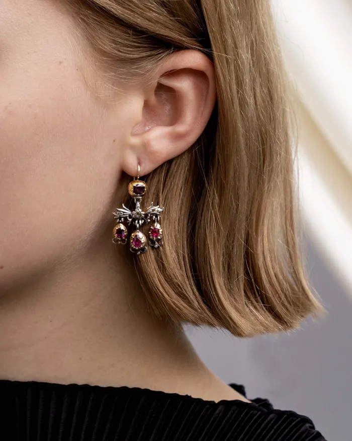 Bell Bird Antiques Earrings Georgian Era Ruby and Diamond Girandole Earrings