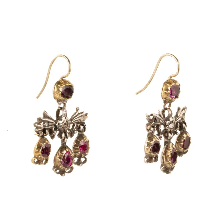 Bell Bird Antiques Earrings Georgian Era Ruby and Diamond Girandole Earrings
