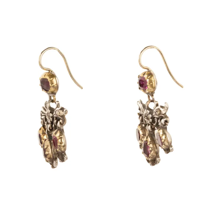Bell Bird Antiques Earrings Georgian Era Ruby and Diamond Girandole Earrings