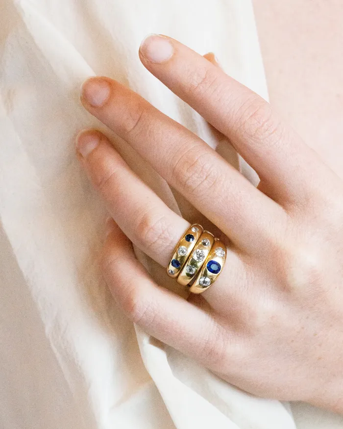 Bell Bird Antiques Rings Victorian era three stone diamond and sapphire ring