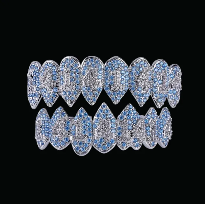 BLUE LOVERS Shark Vampire 8 Fang Blue Iced Out Diamond Grillz Rings