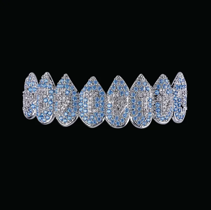 BLUE LOVERS Shark Vampire 8 Fang Blue Iced Out Diamond Grillz Rings