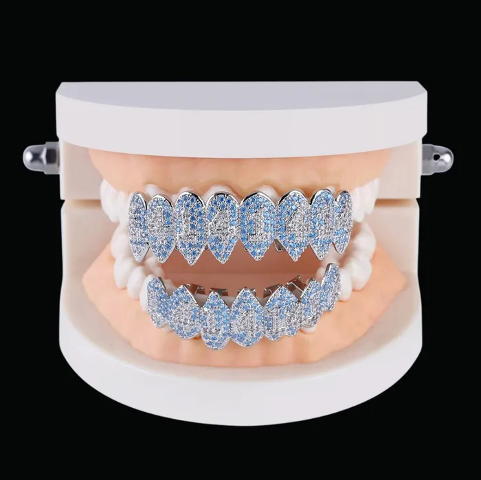 BLUE LOVERS Shark Vampire 8 Fang Blue Iced Out Diamond Grillz Rings