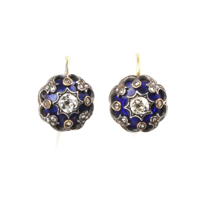 Earrings Bell Bird Antiques 19th Century Enamel Diamond Earrings