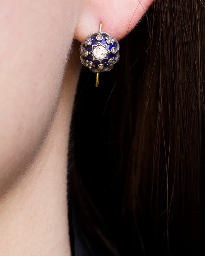 Earrings Bell Bird Antiques 19th Century Enamel Diamond Earrings