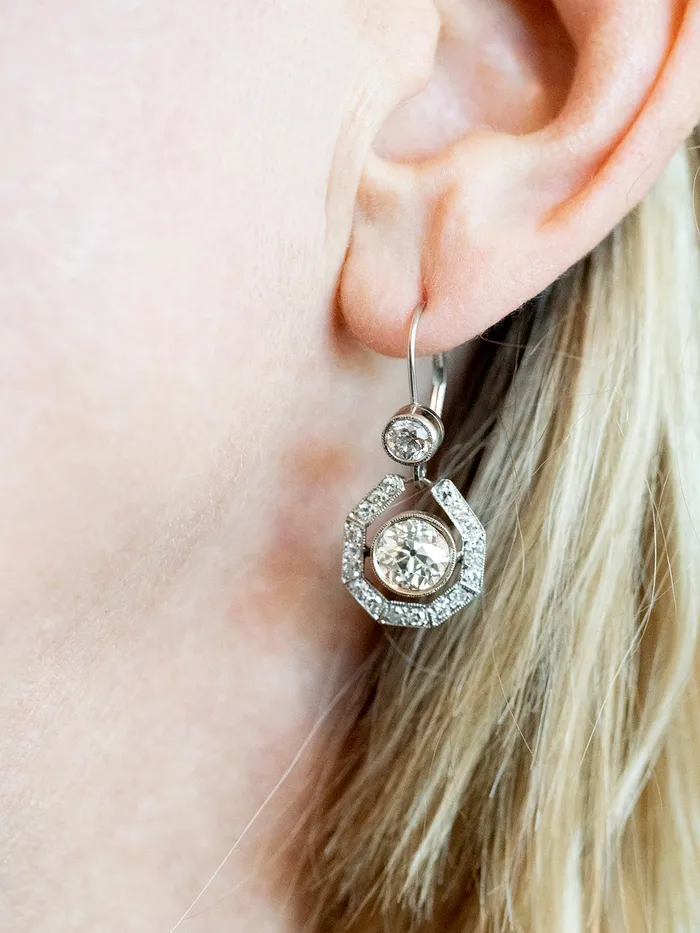 Earrings Bell Bird Antiques Early 20th Century Old Mine Cut Diamond Earrings