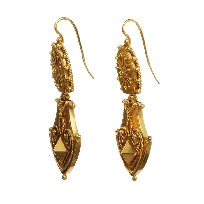 Earrings Bell Bird Antiques VICTORIAN ERA ETRUSCAN REVIVAL Gold EARRINGS