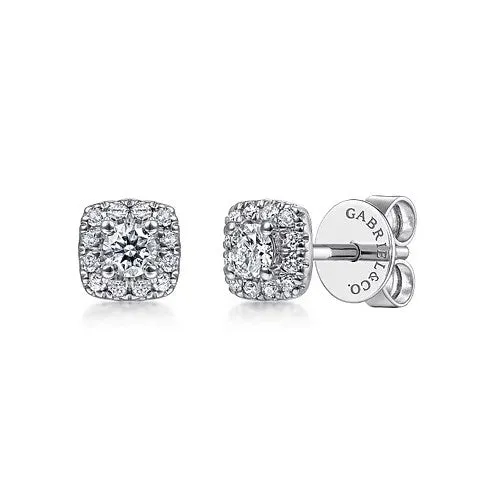 Earrings GABRIEL CO 14K White Gold Cushion Halo Round Diamond Stud Earrings