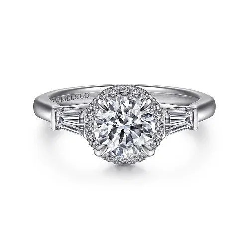 Elinor 14K White Gold Round Three Stone Halo Diamond Engagement Ring Setting Only GABRIEL CO Rings Elinor 14K White Gold Round Three Stone Halo Diamond Engagement Ring Setting Only GABRIEL CO Rings