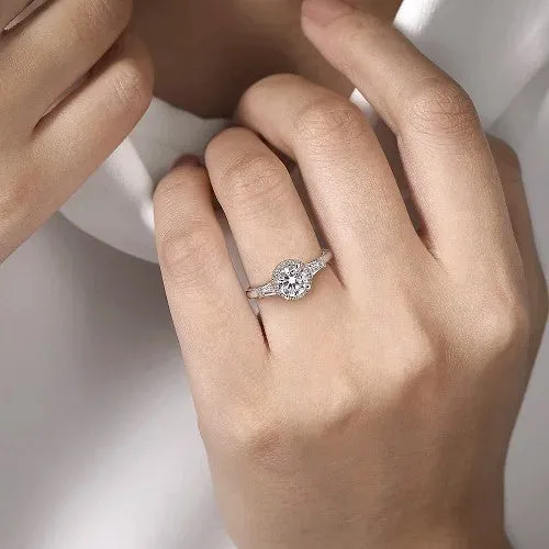 Elinor 14K White Gold Round Three Stone Halo Diamond Engagement Ring Setting Only GABRIEL CO Rings Elinor 14K White Gold Round Three Stone Halo Diamond Engagement Ring Setting Only GABRIEL CO Rings