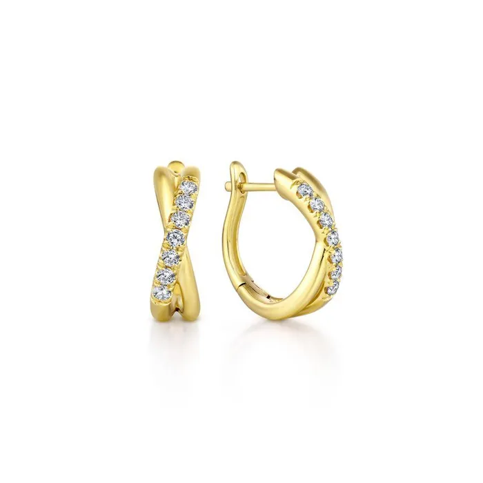 GABRIEL CO 14K Yellow Gold Twisted 15mm Diamond Huggies Earrings