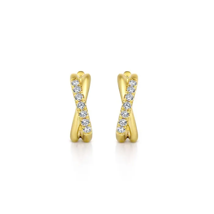 GABRIEL CO 14K Yellow Gold Twisted 15mm Diamond Huggies Earrings
