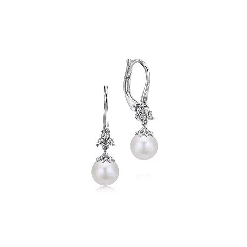 GABRIEL CO Earrings 14K White Gold Cultured Pearl Diamond Drop Earrings