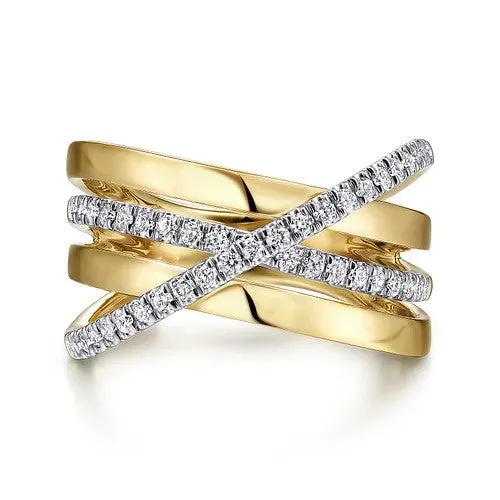 GABRIEL CO Rings 14K WhiteYellow Gold Polished Band and Diamond Row Criss Cross Ring GABRIEL CO Rings 14K WhiteYellow Gold Polished Band and Diamond Row Criss Cross Ring