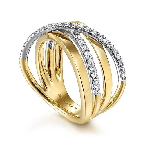 GABRIEL CO Rings 14K WhiteYellow Gold Polished Band and Diamond Row Criss Cross Ring GABRIEL CO Rings 14K WhiteYellow Gold Polished Band and Diamond Row Criss Cross Ring
