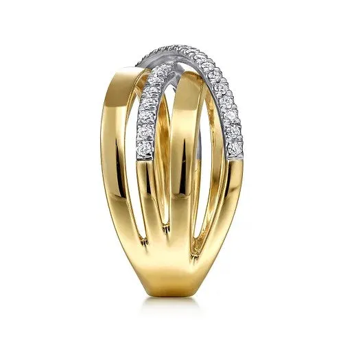 GABRIEL CO Rings 14K WhiteYellow Gold Polished Band and Diamond Row Criss Cross Ring GABRIEL CO Rings 14K WhiteYellow Gold Polished Band and Diamond Row Criss Cross Ring