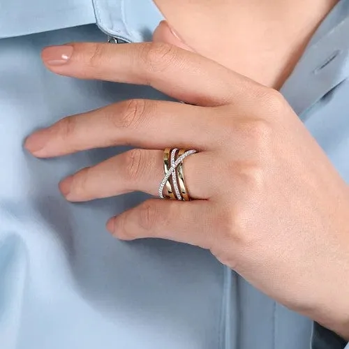 GABRIEL CO Rings 14K WhiteYellow Gold Polished Band and Diamond Row Criss Cross Ring GABRIEL CO Rings 14K WhiteYellow Gold Polished Band and Diamond Row Criss Cross Ring