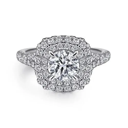 GABRIEL CO Rings Lexie 14k White Gold Cushion Double Halo Round Diamond Engagement Ring