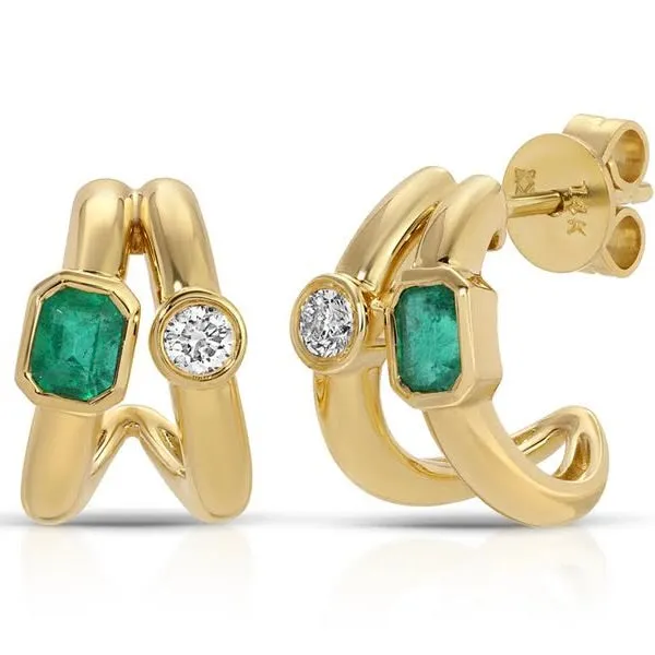 NicoleHD Jewelry Earrings Two Row Diamond And Emerald Huggie Earrings