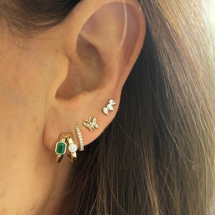 NicoleHD Jewelry Earrings Two Row Diamond And Emerald Huggie Earrings