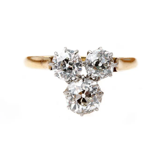 Rings Bell Bird Antiques Edwardian Old Mine Cut ThreeStone Diamond Trefoil Ring