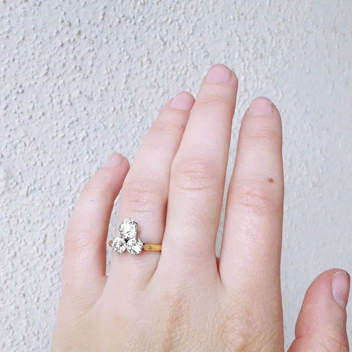 Rings Bell Bird Antiques Edwardian Old Mine Cut ThreeStone Diamond Trefoil Ring