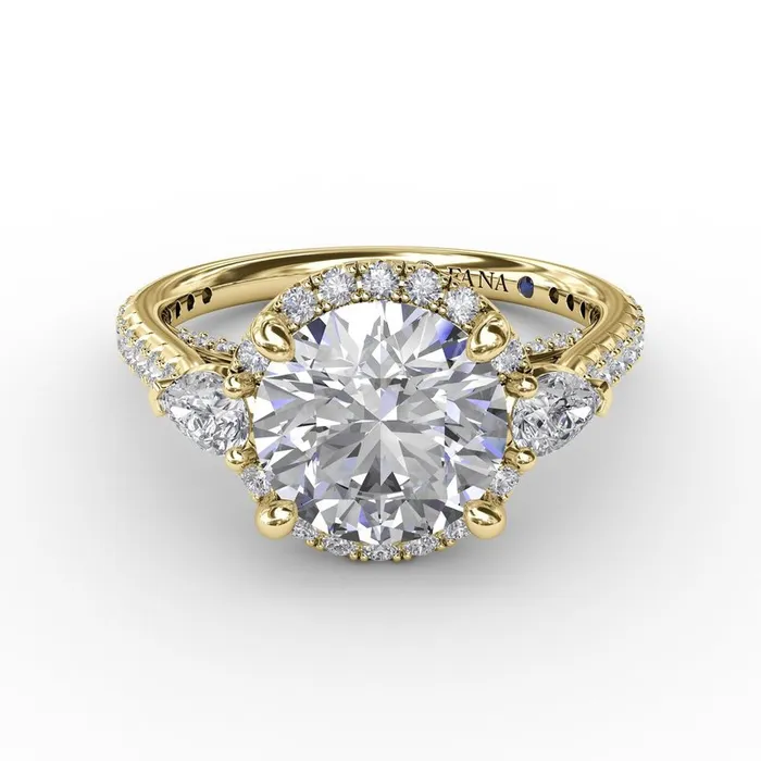 Rings FANA Round Diamond Halo Engagement Ring With PearShape Side Stones