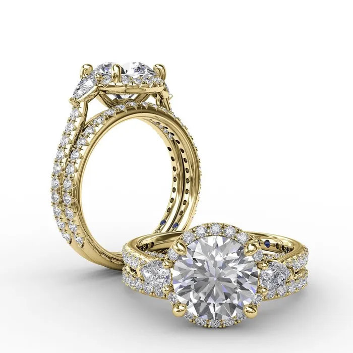 Rings FANA Round Diamond Halo Engagement Ring With PearShape Side Stones