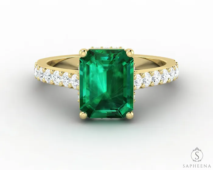 Rings Sapheena Jewelry Luna 22 Ct Green Emerald Solitaire Emerald Cut Engagement Ring With Side Stones Rings Sapheena Jewelry Luna 22 Ct Green Emerald Solitaire Emerald Cut Engagement Ring With Side Stones