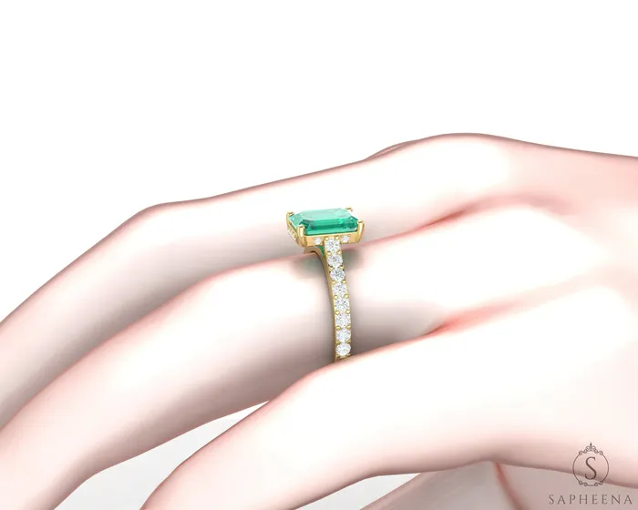 Rings Sapheena Jewelry Luna 22 Ct Green Emerald Solitaire Emerald Cut Engagement Ring With Side Stones
