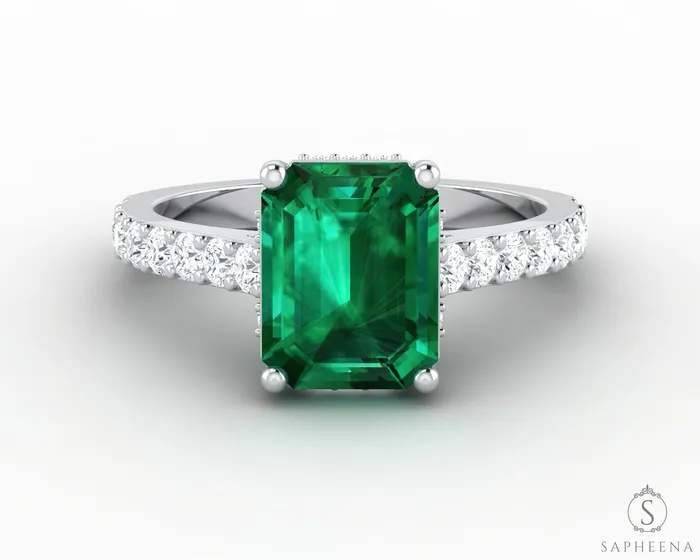 Rings Sapheena Jewelry Luna 22 Ct Green Emerald Solitaire Emerald Cut Engagement Ring With Side Stones