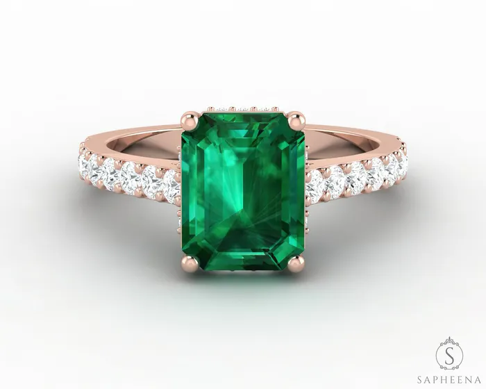 Rings Sapheena Jewelry Luna 22 Ct Green Emerald Solitaire Emerald Cut Engagement Ring With Side Stones