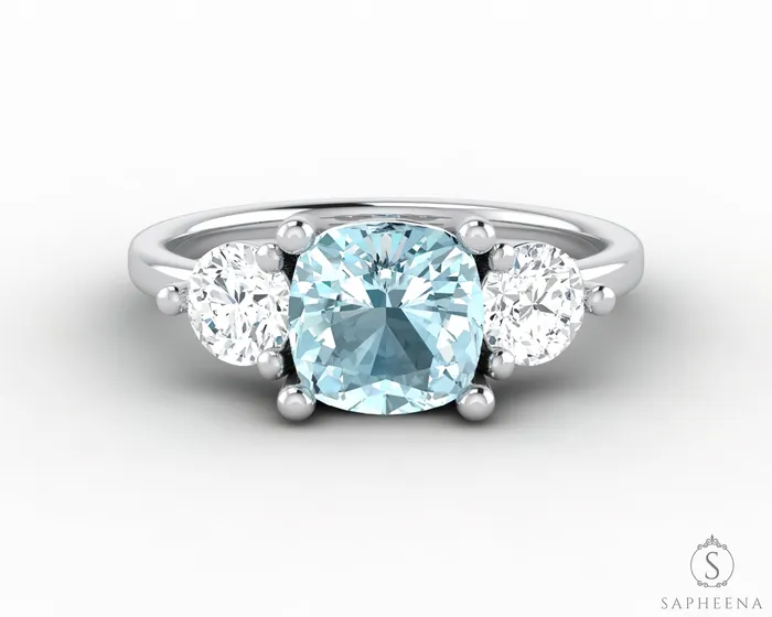 Rings Sapheena Jewelry Orion Three Stone 15ct Cushion Cut Natural Aquamarine Engagement Ring Rings Sapheena Jewelry Orion Three Stone 15ct Cushion Cut Natural Aquamarine Engagement Ring